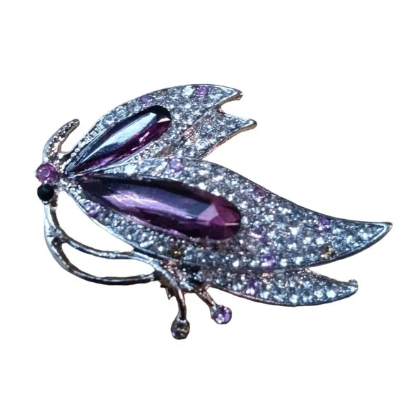 Butterfly Purple Rhinestone and Crystal Rhinestones Brooch - Picture 1 of 7